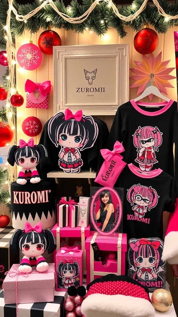 Kuromi Christmas Wishlist Ideas A collection of Kuromi Christmas gifts including plush toys, clothing, and accessories on a festive background.